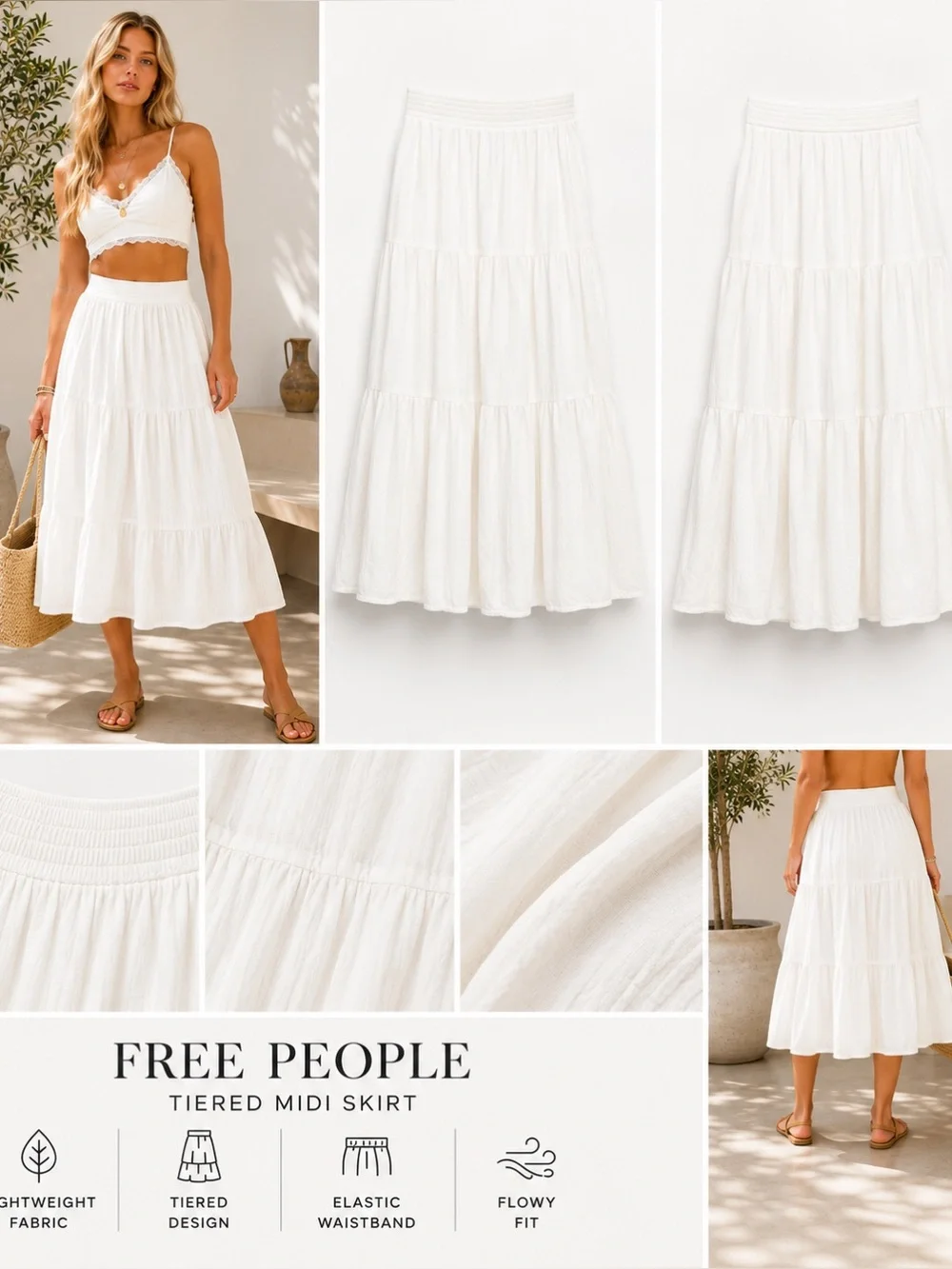 Free People Cream Tiered Midi Skirt